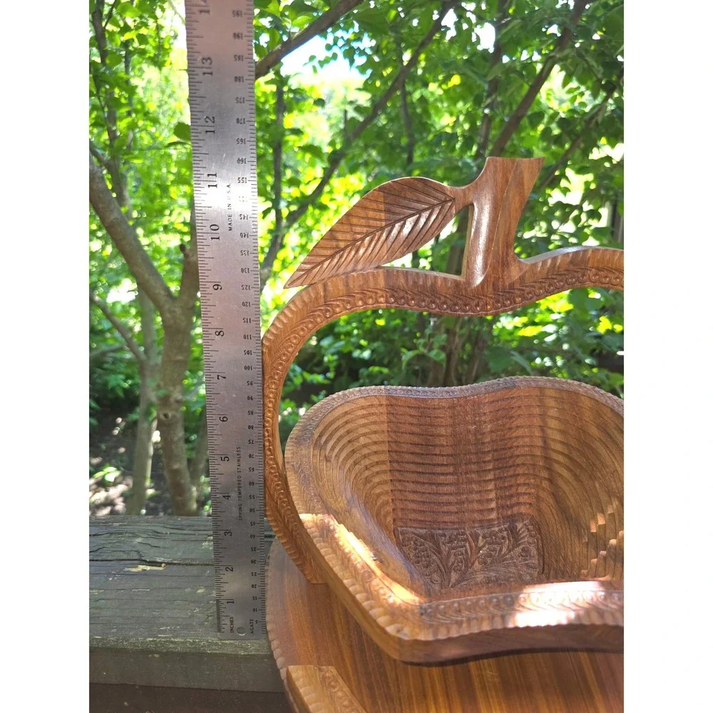 Vintage‎ Hand-Carved Collapsible Wooden Apple Fruit Basket & Trivet